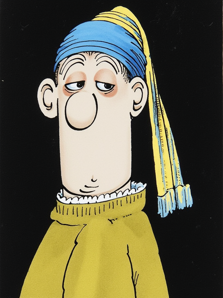d0nm4rt1n. Whimsical cartoon illustration in the style of Don Martin comics. Girl with a Pearl Earring by Vermeer
