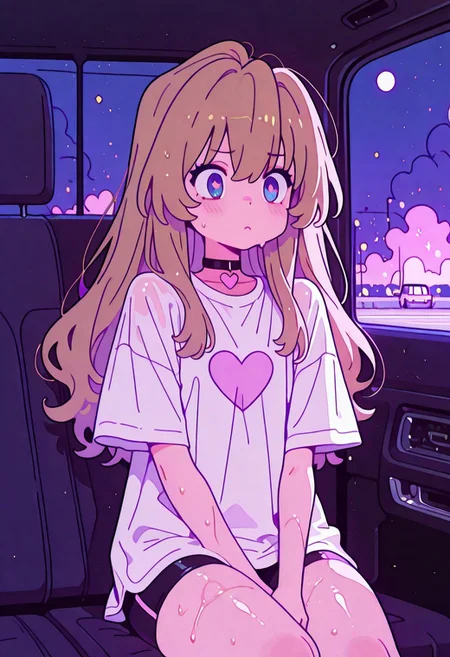 score_9, score_8_up, score_8_up,raw, realisitc, photo, 1girl, 1man, a slutty girl in mans lap, mischievous, sexy pose, intricate detail, ((nsfw)) sexy 18yo european girl, submissive, sitting, taiga aisaka, confused look, collar, long hair, blue eyes shirt, white shirt, (black bike shorts), short sleeves, narrow hips, source comic book, makeup, heart shapes, pastel colors, high res image, masterpiece, sweaty skin, shiny skin, thick thighs, volumetric lighting, car interior, detailed car interio, looking at a boy, ((embarrassment)), mascara running, choker collar, smoke, at night, night lighting, raw night lighting, night time, white sphere on the background