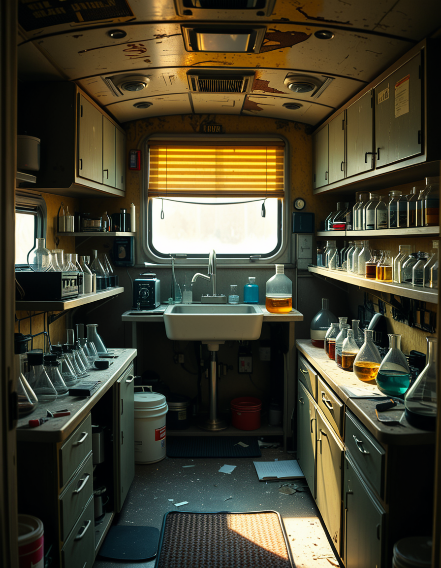 The interior of an old RV converted into a clandestine drug laboratory, inspired by the TV series Breaking Bad. The space is cramped and messy, filled with scientific equipment, glass beakers, flasks, burners, chemical containers, and lab tools scattered around. The walls are aged and stained, with peeling wallpaper and old metallic cabinets. A small sink area is cluttered with dirty lab glassware. The lighting is dim and tinted yellow, with sunlight barely filtering through dusty blinds. The floor is grimy, with a mix of rubber mats and worn carpet. The overall atmosphere is tense and gritty, capturing a sense of secrecy and danger. Hyper-realistic style, cinematic composition, rich in textures and shadows.
<lora:SDXLFaeTastic2400:0.4> <lora:extremely_detailed:0.4> extremely detailed,<lora:old_RV_drug_l4b0r4t0ry:1>,old RV drug l4b0r4t0ry, Masterpiece,best quality,hi res,8k,hi res,8k,award winning,(sharp focus, intricate, highly detailed),