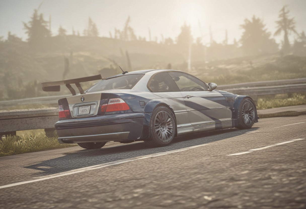 BMW M3 GTR, Need for Speed Most Wanted, inside a open top castle, greenery everywhere, blue sky, nature, lens flare, NFSMW