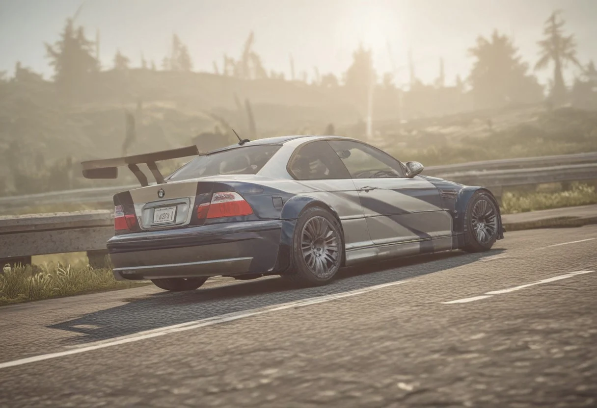 BMW M3 GTR, Need for Speed Most Wanted, inside a open top castle, greenery everywhere, blue sky, nature, lens flare, NFSMW