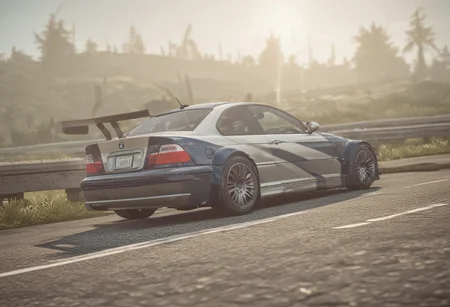 BMW M3 GTR, Need for Speed Most Wanted, inside a open top castle, greenery everywhere, blue sky, nature, lens flare, NFSMW