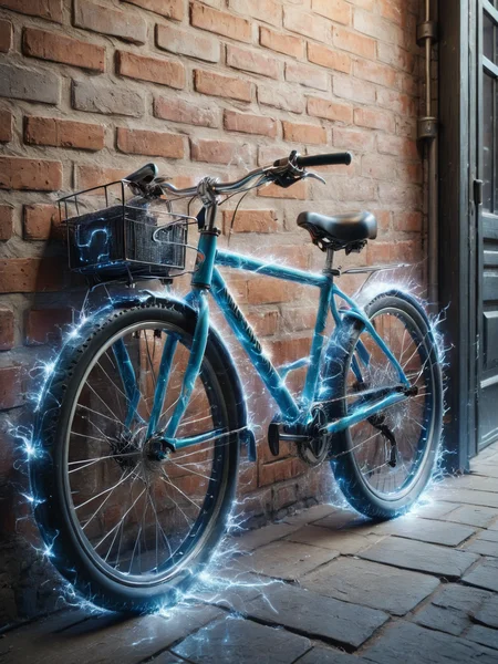 An ais-sparkz bicycle leaning against a rustic brick wall, its frame and wheels crackling with ais-sparkz. <lora:Sparks_Style_SDXL:1>