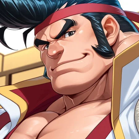 source_anime, detailed background, (score_9, score_8_up, score_7_up), zoroj, masterpiece, best quality, high quality, ultra detailed, highly detailed, high detail, artistic lighting, (highly detailed face, (perfect face, perfect eyes)), depth of field, perfect soft lighting, best shadows, perfect reflections, volumetric, detailed image, high resolution, defined faces, sharp definition, great lighting,
solo, 1boy, male focus, Gong Strong, black eyes, black hair, pompadour, sideburns, red headband, musclebears, muscular male, bara, hyper muscles, veiny muscles,
dojo, (close-up shot), looking at viewer, smile,