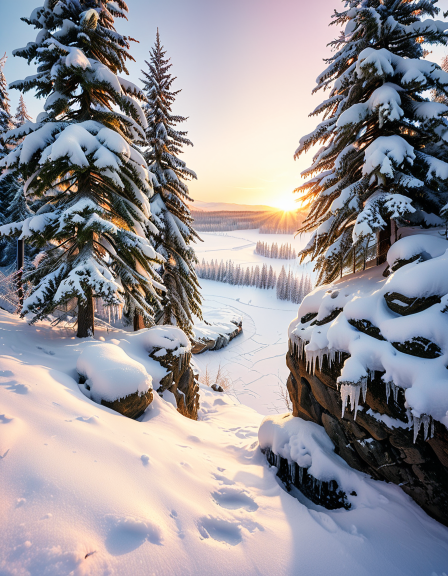 A breathtaking winter wonderland scene at dusk, with a snow-covered forest and a frozen lake reflecting the soft glow of the setting sun. Tall evergreen trees are dusted with fresh snow, their branches heavy and shimmering under the golden and pink hues of the sky. In the distance, a cozy wooden cabin with a smoking chimney emits a warm, inviting light through its frosted windows. The snow-covered ground glistens under delicate fairy lights hanging from tree branches, adding a magical atmosphere. Snowflakes gently fall from the sky, creating a serene and peaceful mood. In the foreground, a wooden bridge covered in snow crosses a small, partially frozen river, adding depth and charm to the composition. The entire scene feels enchanting and nostalgic, evoking the joy and tranquility of winter.
<lora:SDXLFaeTastic2400:0.4> <lora:extremely_detailed:0.4> extremely detailed ,<lora:winter_w0nd3rl4nd:1>,winter w0nd3rl4nd, Masterpiece,best quality,hi res,8k,hi res,8k,award winning,(sharp focus, intricate, highly detailed),