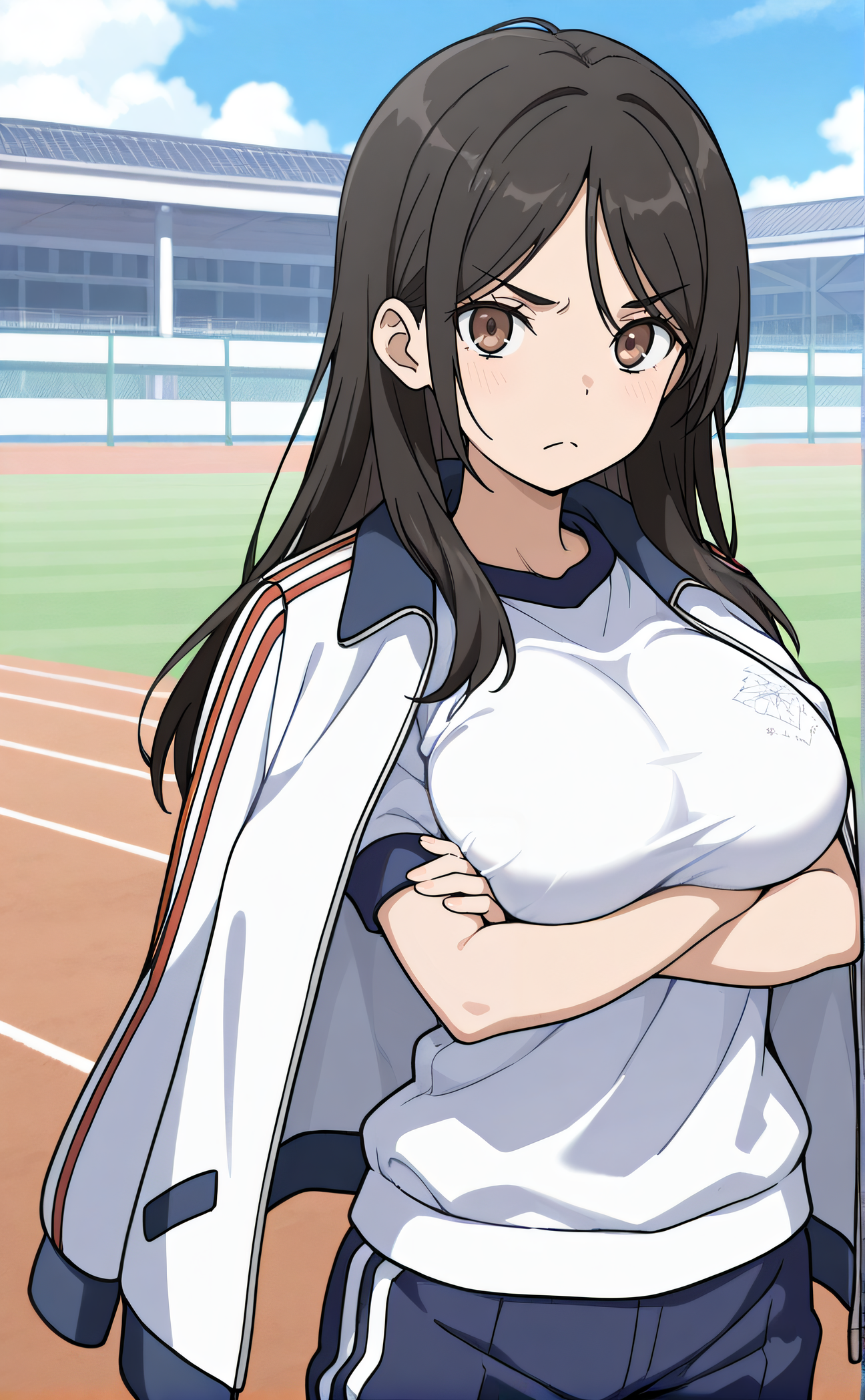 masterpiece, best quality, highres, newest, 1girl, official style, <lora:IL_Fukiyose_Seiri:1>, fukiyose, brown eyes, large breasts, gym uniform, jacket on shoulders, crossed arms, five fingers, looking at viewer, frown, cowboy shot, outdoor