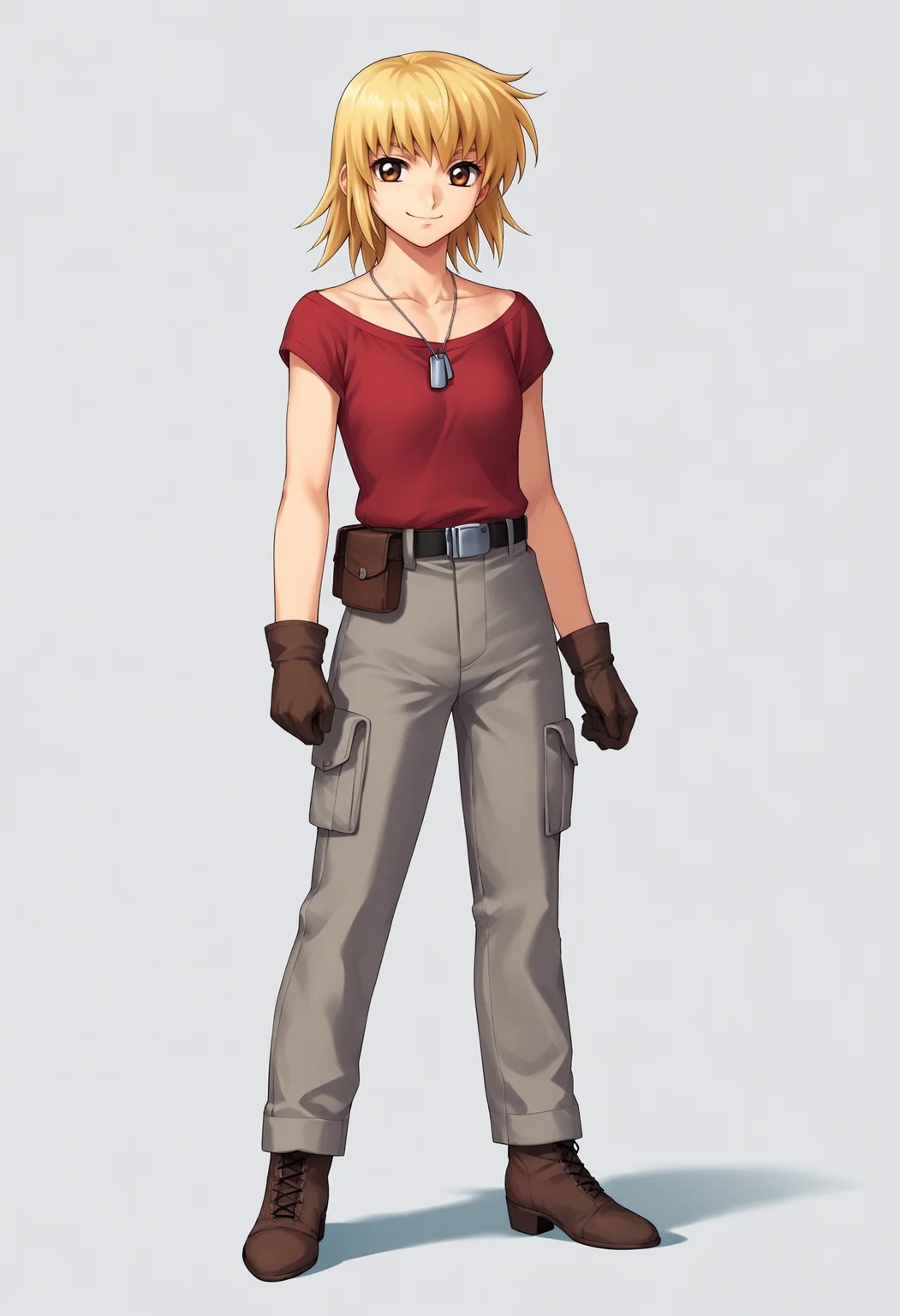 score_9, score_8_up, score_7_up, score_6_up, score_5_up, score_4_up, BREAK, source_anime,
1girl, cagalli, blonde hair, brown eyes,
red shirt, grey pants, belt, dog tags, gloves, boots
standing, full body, smile, looking at viewer, solo, simple background, white background <lora:CagalliYulaXL:1>
