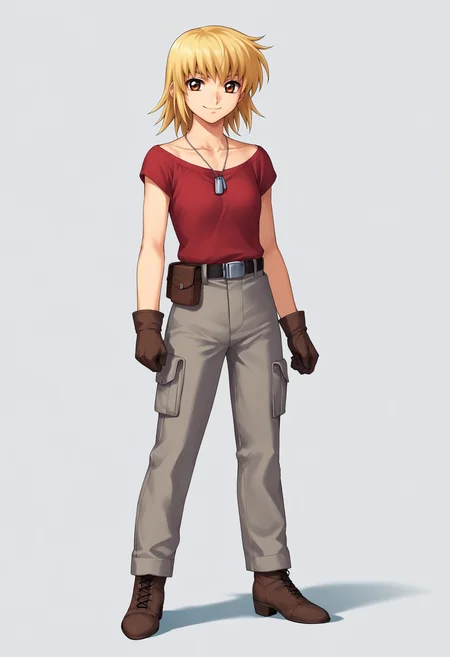 score_9, score_8_up, score_7_up, score_6_up, score_5_up, score_4_up, BREAK, source_anime,
1girl, cagalli, blonde hair, brown eyes,
red shirt, grey pants, belt, dog tags, gloves, boots
standing, full body, smile, looking at viewer, solo, simple background, white background <lora:CagalliYulaXL:1>