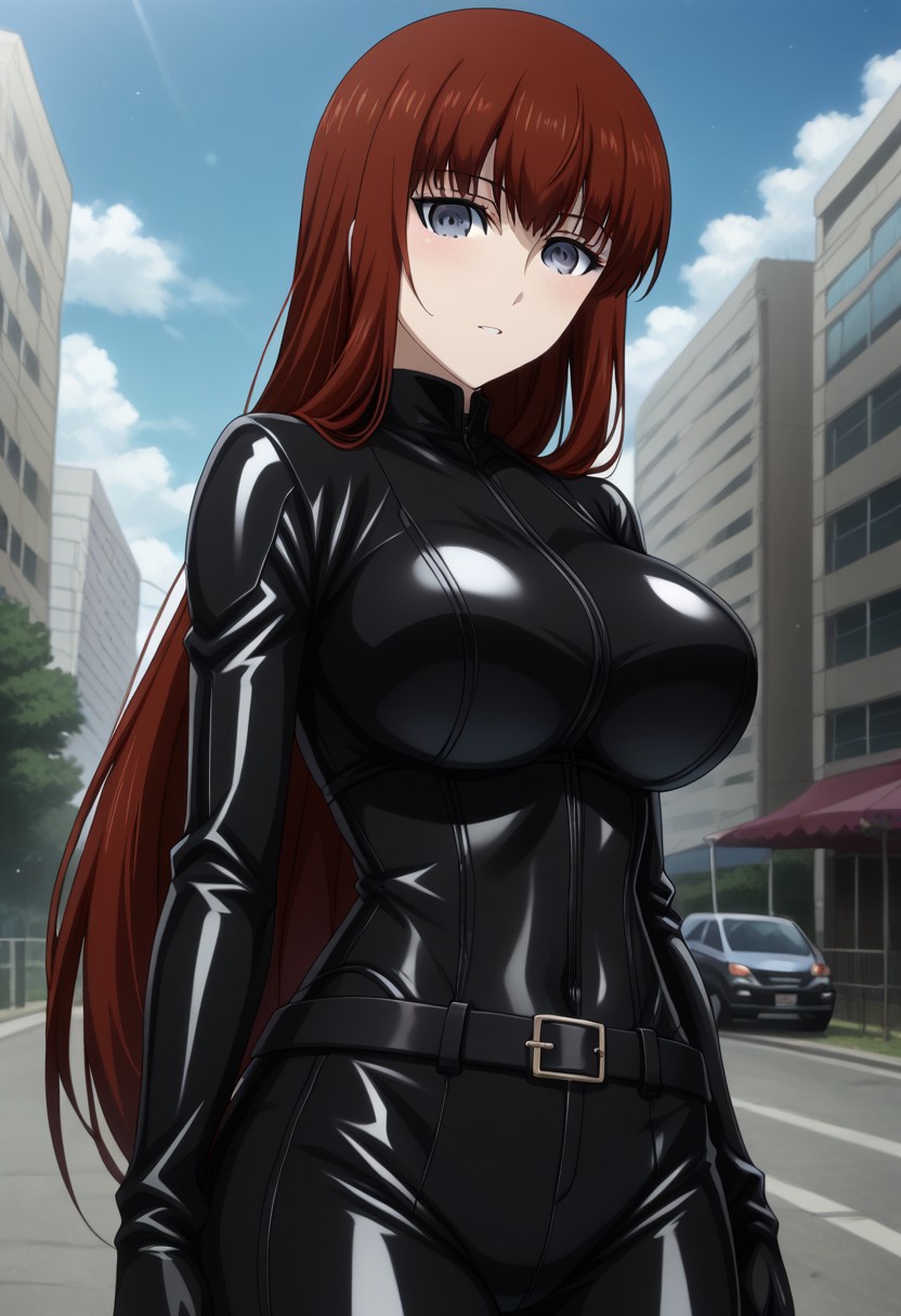Ultra-high-detailed Anime illustration of Kagari Shiina. The artwork features Kagari in a solo, standing position with a outdoors, street background. 
She is depicted with intricate details showcasing her big breasts, natural breasts. She is a white skinned, 22 years old woman. Kagari is looking at viewer with perfect eyes, Her pupils are highly detailed. The eyes are open. grey eyes. Kagari's eyes are highlighted. Highlighted eyevrows. 
She has long hair, red colored hair, styled in floating hair with bangs.
She is wearing a motorcycle suit, black motorcycle suit, full body motorcycle suit with black gloves, black belt and black shoes. 
The artistic style is intricate_details_xl with a focus on Anime artstyle. The color palette emphasizes red and black with detailed strokes to bring out the character's features. The lighting creates dramatic shadows and highlights, adding depth to the artwork. The perspective is from a dutch angle to enhance the impact of the character's expression. This masterpiece is a true portrayal of Kagari's complex personality and will captivate any fan of Kagari. Kagari Shiina, close up