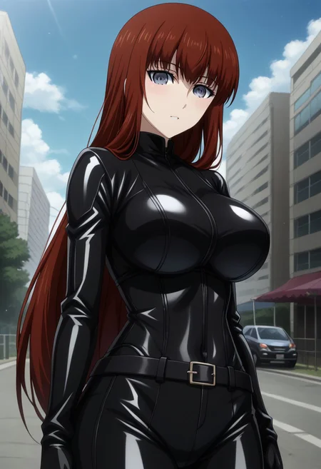 Ultra-high-detailed Anime illustration of Kagari Shiina. The artwork features Kagari in a solo, standing position with a outdoors, street background. 
She is depicted with intricate details showcasing her big breasts, natural breasts. She is a white skinned, 22 years old woman. Kagari is looking at viewer with perfect eyes, Her pupils are highly detailed. The eyes are open. grey eyes. Kagari's eyes are highlighted. Highlighted eyevrows. 
She has long hair, red colored hair, styled in floating hair with bangs.
She is wearing a motorcycle suit, black motorcycle suit, full body motorcycle suit with black gloves, black belt and black shoes. 
The artistic style is intricate_details_xl with a focus on Anime artstyle. The color palette emphasizes red and black with detailed strokes to bring out the character's features. The lighting creates dramatic shadows and highlights, adding depth to the artwork. The perspective is from a dutch angle to enhance the impact of the character's expression. This masterpiece is a true portrayal of Kagari's complex personality and will captivate any fan of Kagari. Kagari Shiina, close up