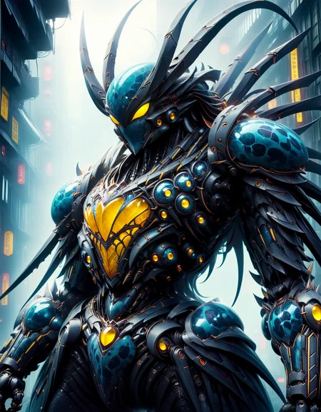 blueberrym0rph of a big cyberpunk spider with ObsidianCitrine armor, fog, EdobHorrorLandscape, glowing lights, Interpolation, Fujicolor Superia X-TRA 400, 50mm, Offset print, RAW photo, highly contrasted, contemporary fine detail, highly intricate, detailed, stunning  <lora:Blueberry_World_Morph:1.0>  <lora:Mecha_Ggorgeous_Armor:0.8>  <lora:EdobHorrorLandscape_XL_v1.0:0.8>  <lora:ObsidianCitrine:0.8>  <lora:sss:0.8>
