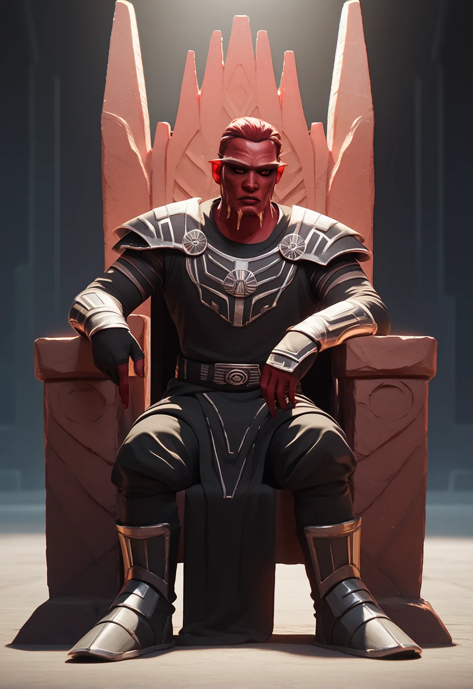 <lora:Sith_Pureblood-Pony-V1.0:1> sith pureblood, colored sclera, black sclera, facial ridges, male, sith armor, sitting on throne, red stone throne, score_9, score_8_up, score_7_up, score_6_up, score_5_up,