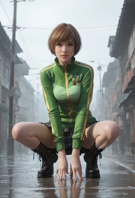 realistic, photorealistic, Expressiveh, score_9, score_8_up, score_7_up,
chiedef, brown hair, short hair, brown eyes, track jacket, badges, skirt, houndstooth, bike shorts, untied work boots,
n1nj4 squat, solo, source_anime, in the fog, silhouette, small Japanese village, Reflections,