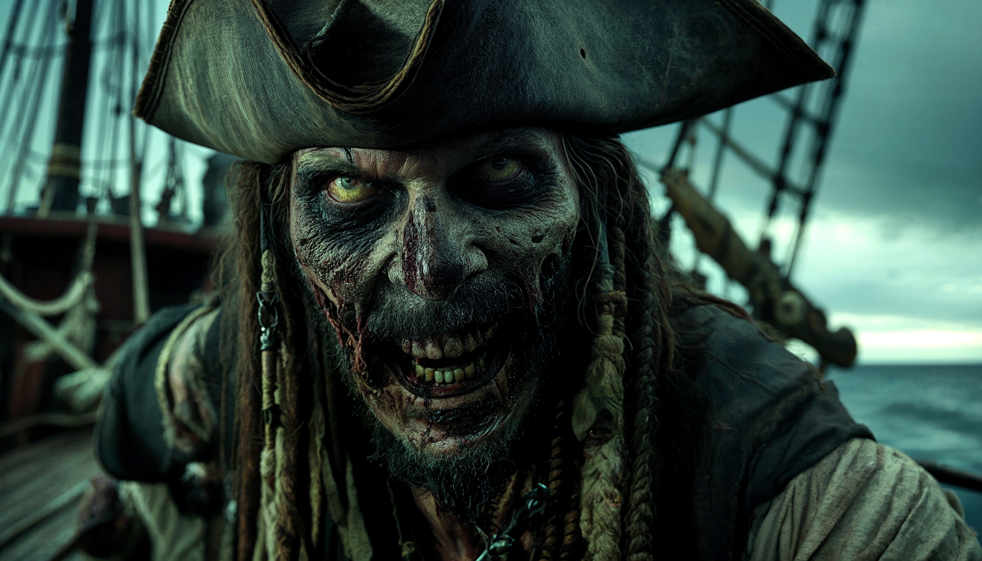 A movie film still of A handsome zombie pirate with a weathered face and a wide-brimmed hat, standing in very dark lighting that highlights the shadows and contours of his expression, enhancing his rugged and intense demeanour. out on the deck of a pirate ghost ship on a moonless night, swinging a cutlass sword at the camera attacking, with an evil grin on his face. 4k , 8k ,UHD, blind white eys.