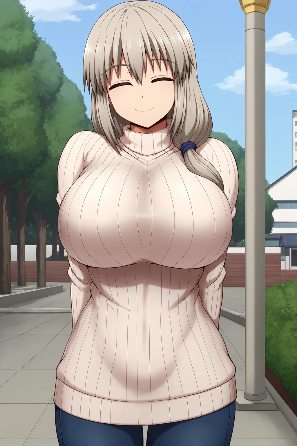 score_9,
<lora:hatomame_v1_lite:1>,
uzaki tsuki, long hair, large breasts, sweater, smile, looking at viewer, one side ponytail, closed eyes, jeans,
standing, cowboy shot,
high resolution, Masterpiece