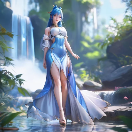 <lora:ponywangdonger1v:1>,score_9,score_8_up,score_7_up,looking at viewer,blue hair,full body,waterfall,
