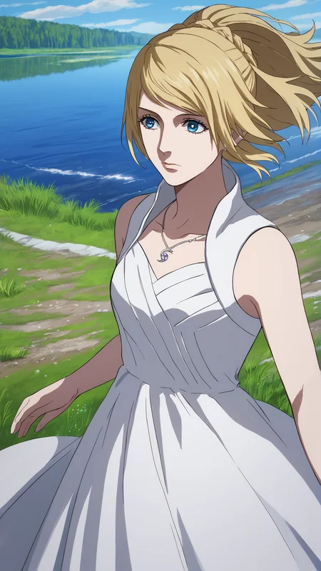 <lora:lunafreya-pdxl-nvwls-v1:0.8> lunafreya, blonde hair, blue eyes, braid, ponytail, necklace, white dress, sleeveless dress, long dress, solo, lake, sunbeam, wind, blue sky, <lora:FFXV_Anime_Style_Pony_XL_LORA:0.8> ffxv style, anime coloring, 2d, flat coloring, cel shading, cel shaded,, score 9, score 8 up, score 7 up, score 6 up, score 5 up, score 4 up,
