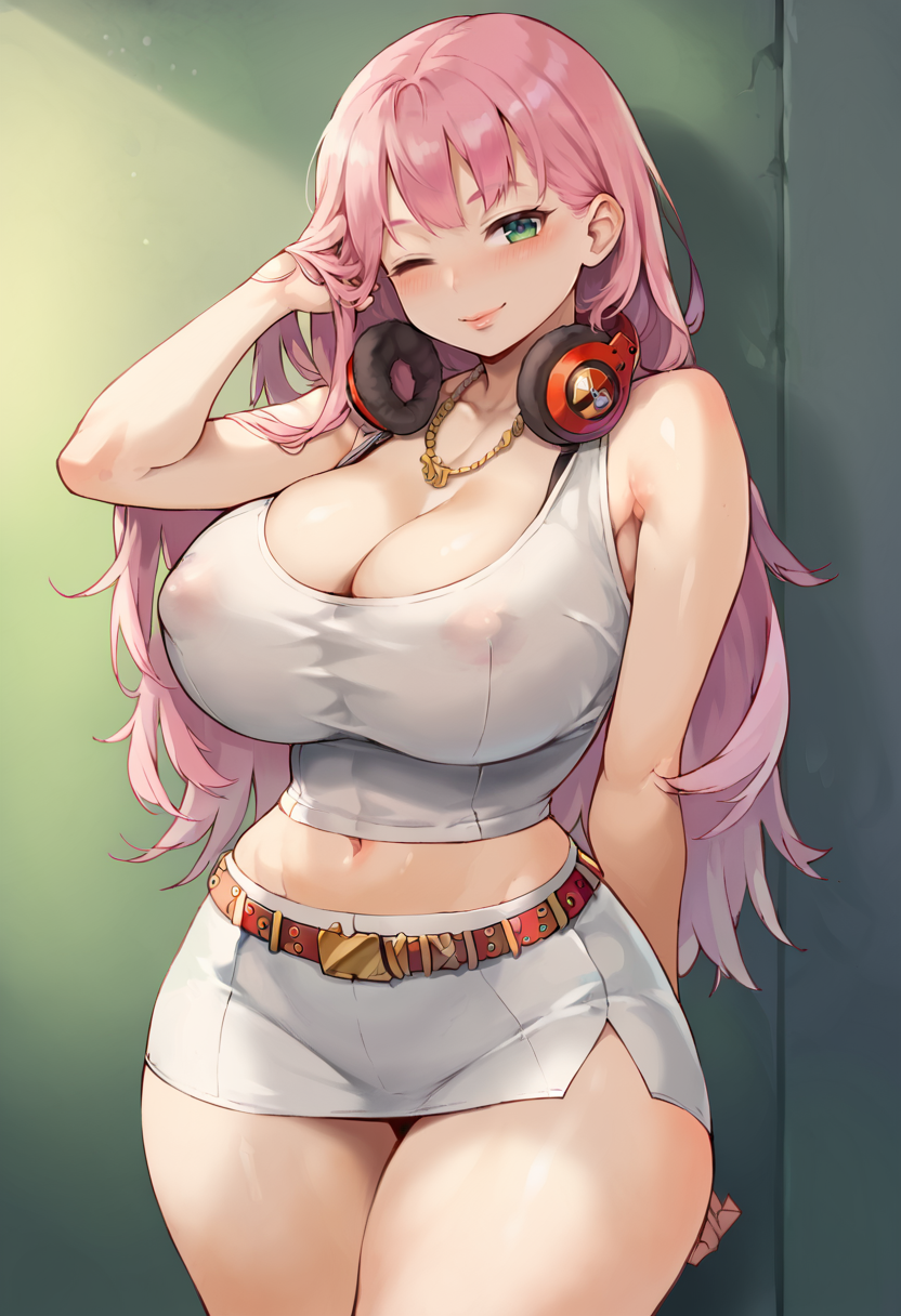 score_9, score_7_up,  1girl, 
solo, huge breasts, wide hips, thick thighs, thigh gap, looking at viewer, breasts, hair over shoulder, arm behind back, standing, pink hair, pencil skirt, covered nipples, hand in own hair, thighs, curvy, skirt, miniskirt, cleavage, long hair, cowboy shot, necklace, blush, smile, green eyes, headphones around neck, one eye closed, belt, headphones, jewelry, navel
 <lora:jairou-Style-PonyXL-GLoRA-000043:1>