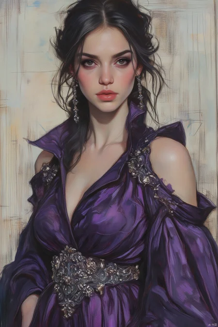 OBxiaoxiang,
A bold portrait of a woman, her figure powerful and assertive. Her gaze is directed confidently at the viewer. She wears a striking, deep purple gown, adorned with intricate silver details. The strong lines and lighting create a sense of strength and sophistication.