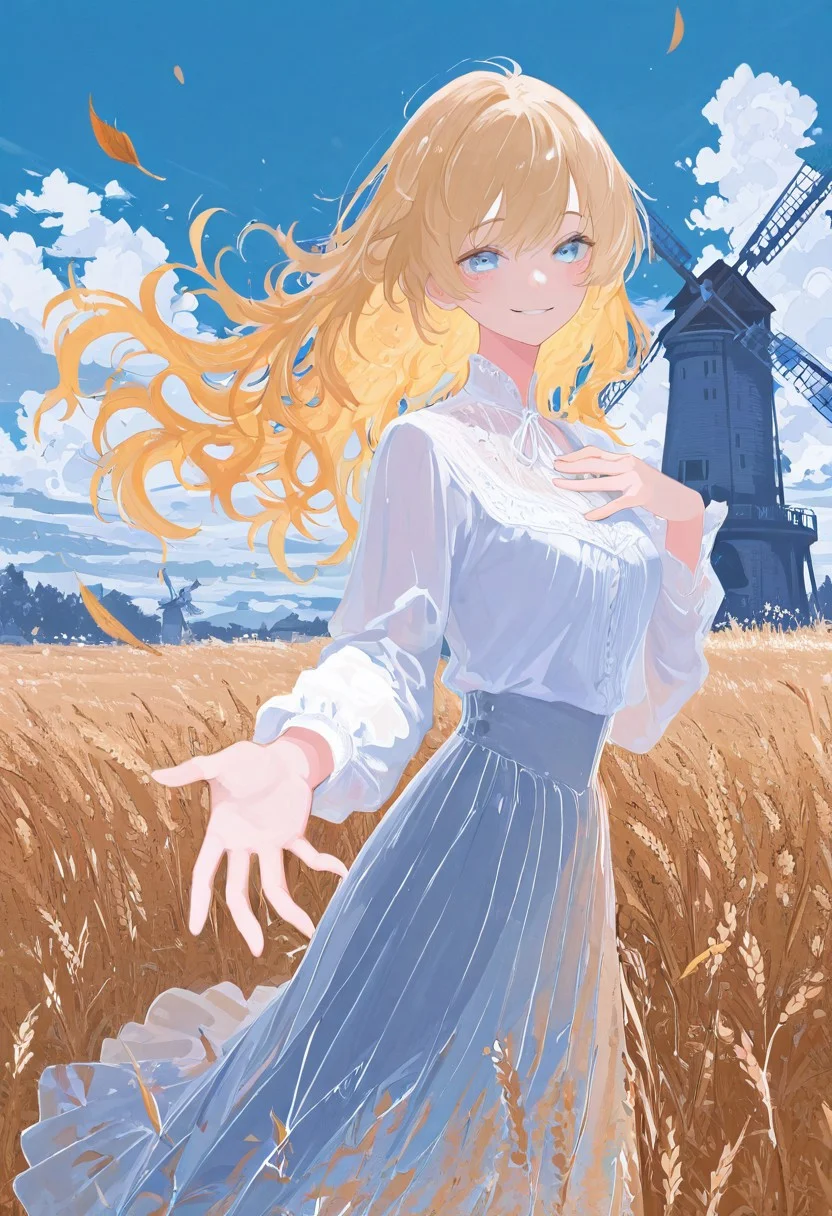 masterpiece, best quality, good quality, very awa, newest, highres, absurdres, 
1girl, solo, long wavy golden hair, sky blue eyes, white blouse, soft flowing skirt, hand on chest,hand reaching out,toward viewer, smiles,, smiling freely, blue sky with fluffy clouds, gentle breeze,grassy hilltop
, cloudy sky, falling leaves, wheat, windmill, limited palette, h4ra_illu <lora:illustriousXL_stabilizer_v1.23:0.3> <lora:NOOB_vp1_detailer_by_volnovik_v1:0.3> <lora:ponyv6_noobE11_2_adamW-000017:0.3> <lora:114558v4df2fsdf5:0.7> <lora:XXX667:0.4> <lora:mon_monmon2133:0.7> <lora:hara_id_21:0.6>