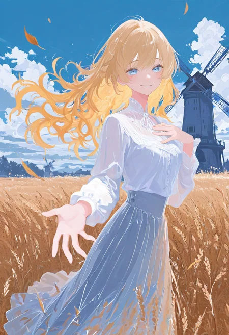 masterpiece, best quality, good quality, very awa, newest, highres, absurdres,
1girl, solo, long wavy golden hair, sky blue eyes, white blouse, soft flowing skirt, hand on chest,hand reaching out,toward viewer, smiles,, smiling freely, blue sky with fluffy clouds, gentle breeze,grassy hilltop
, cloudy sky, falling leaves, wheat, windmill, limited palette, h4ra_illu <lora:illustriousXL_stabilizer_v1.23:0.3> <lora:NOOB_vp1_detailer_by_volnovik_v1:0.3> <lora:ponyv6_noobE11_2_adamW-000017:0.3> <lora:114558v4df2fsdf5:0.7> <lora:XXX667:0.4> <lora:mon_monmon2133:0.7> <lora:hara_id_21:0.6>