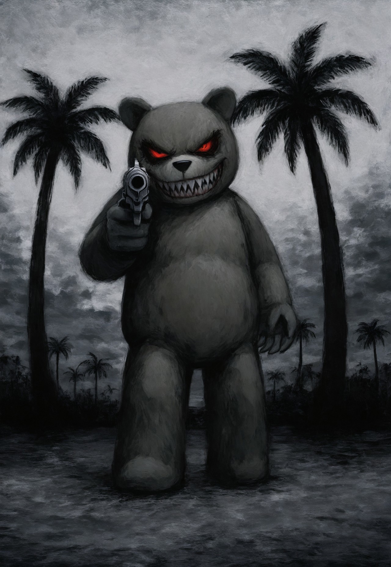 lukch, painting_\(medium\), no humans,
teddy bear, holding revolver, aiming at palm tree, evil grin, sharp teeth,
[detailed background],
high quality, highres, faux traditional media, traditional media