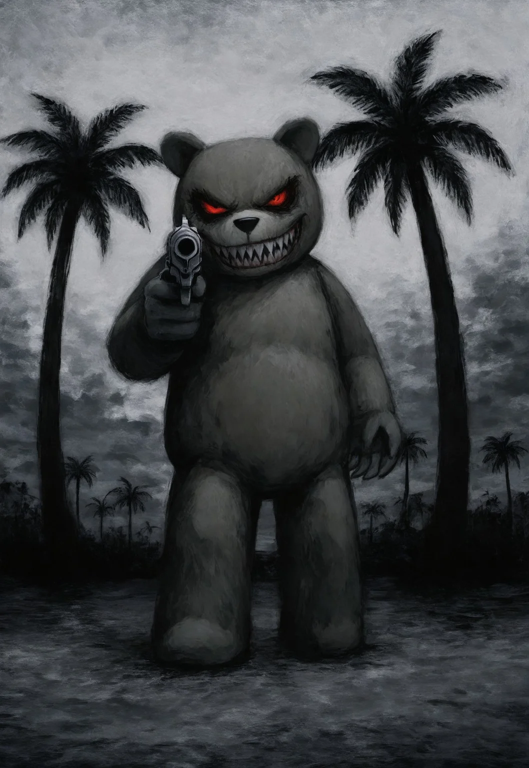 lukch, painting_\(medium\), no humans,
teddy bear, holding revolver, aiming at palm tree, evil grin, sharp teeth,
[detailed background],
high quality, highres, faux traditional media, traditional media