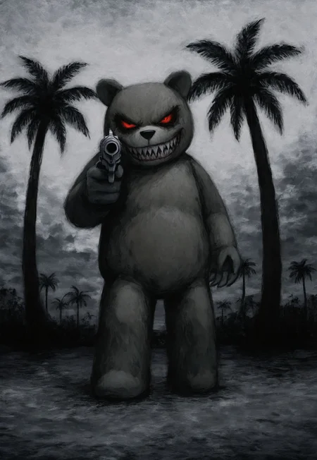 lukch, painting_\(medium\), no humans,
teddy bear, holding revolver, aiming at palm tree, evil grin, sharp teeth,
[detailed background],
high quality, highres, faux traditional media, traditional media