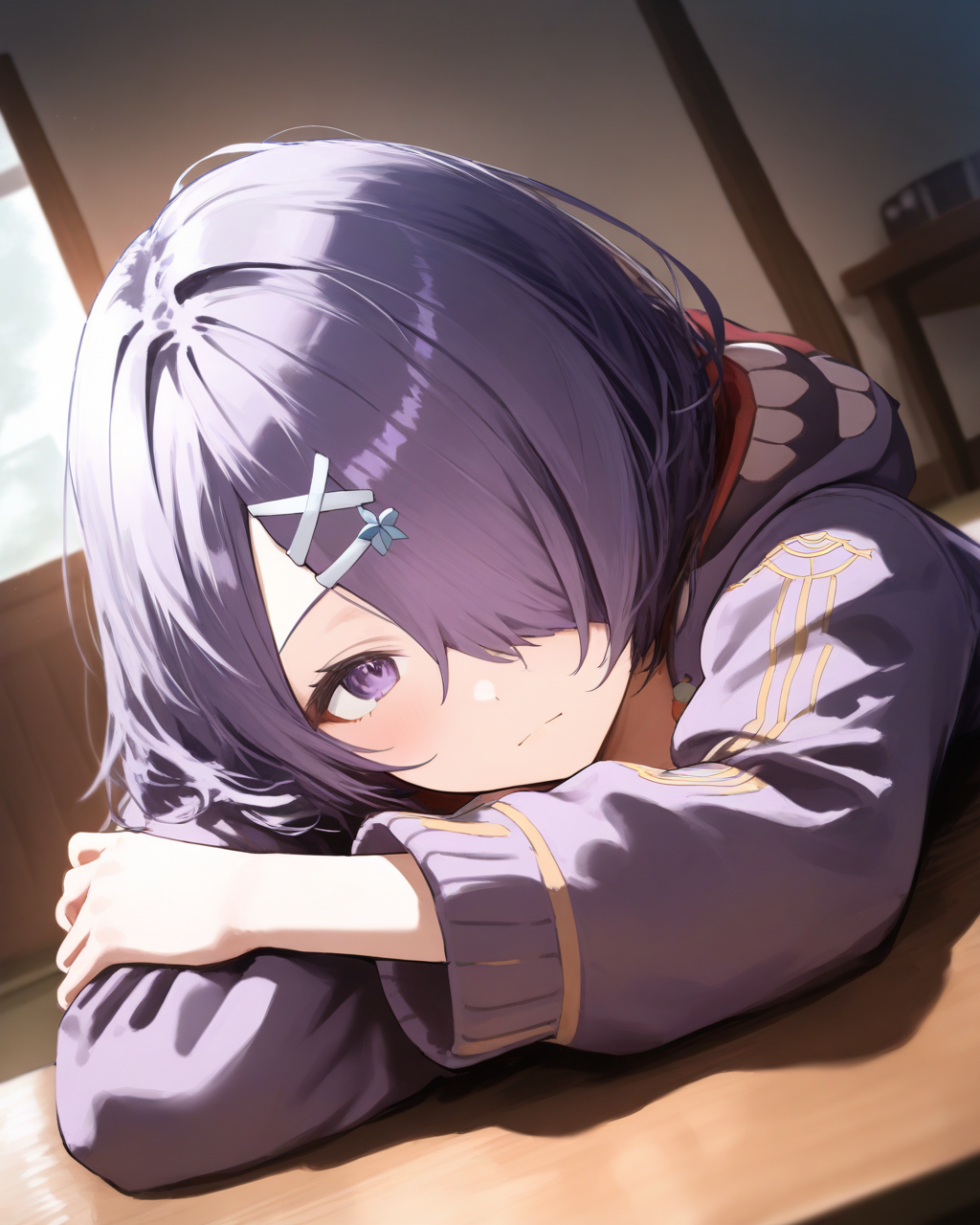 1girl,
KisoAzukiDotLive,
safe, solo, dutch angle, upper body,
hair ornament, hair over one eye,
arm rest,
room, table,
depth of field,
<lora:kp_KisoAzukiDotLiveAnimagineXL_v1_1:1.0>,
masterpiece, high score, great score, absurdres