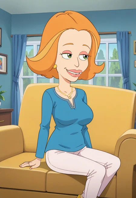 score_9,1girl, Solo, Diane_BM, light skin, green eyes, orange eyebrows, orange hair, short hair, pink lips, pink eyeshadow, blue shirt with v-neck, white skinny jeans, golden earrings, golden ring, golden necklace, yellow flat shoes, looking at viewer, smile, half-closed eyes, huge breasts, long breasts, cowboy shot, indoors, retro artstyle, tall stature, sitting on a chair