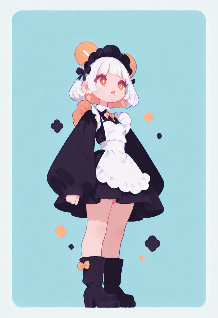 masterpiece, best quality, amazing quality, absurdres, newest, 1girl, solo, 
white hair, bobcut, pastel cyaneyes, blunt bangs, 
tight gossamer very short victorian black maid dress, maid apron, small breast,
simple herbal patterns in aqua  background with thick white border,
subtle fangs peeking out from slightly parted lips, tongue loosely hanging out, distant gaze, emotionless look, (dazed, drooling), 
BREAK,
popping out of background, full body, from below, heroic pose, strong wind, 
dynamic pose, 
 skinny upper body, white short high heel boots,
 [skinny upper body], translucent skin, [[chubby thick legs]], bottom heavy,
 thick eyelashes, white long eyelashes, 
ultra-realistic, Flatline, Flat vector illustration, haiz_ai, no lineart, no outline,
pplegs,  
<lora:haiz_ai_illu:0.8> <lora:flatline:1.65>  <lora:ponyv6_noobE11_2_adamW:0.25>  <lora:Slider-LimbWidth:1.75> <lora:Slider-LegLength:-1.5>  <lora:v0.04_Concept_pony:0.66>