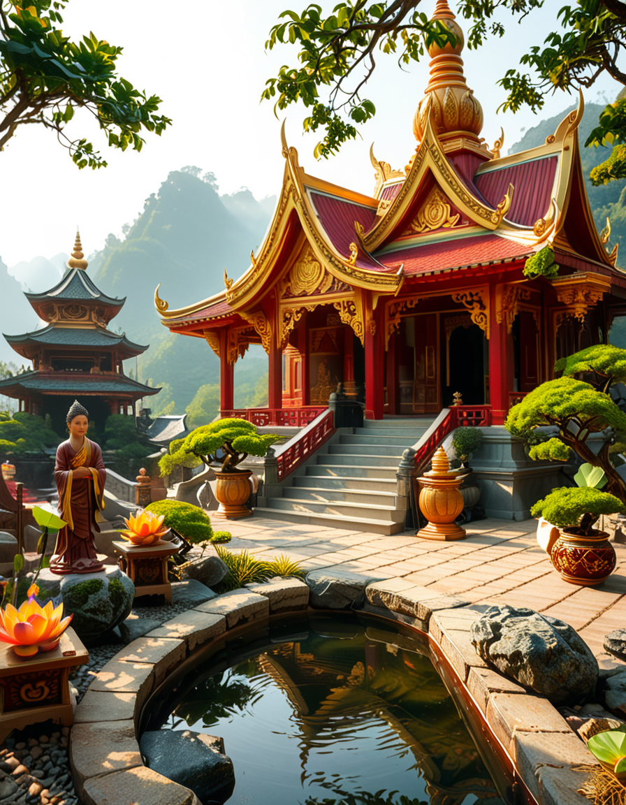 A majestic Buddhist temple nestled in a lush, misty mountain landscape. The temple features traditional curved rooftops with golden ornaments, intricate wooden carvings, and red and gold-painted walls. Large prayer flags in vibrant colors flutter in the wind, adding a spiritual atmosphere. A long stone staircase, partially covered in moss, leads to the main entrance, where a pair of large guardian statues stand watch. The scene is bathed in soft morning light, with gentle rays filtering through the mist, creating a serene and mystical ambiance. The background consists of towering green mountains and a sky with soft pastel hues. In the foreground, a Buddhist monk in deep orange robes walks peacefully along a stone pathway, holding a string of prayer beads. The overall composition conveys a sense of tranquility, spirituality, and harmony with nature.
<lora:SDXLFaeTastic2400:0.4> <lora:extremely_detailed:0.4> extremely detailed,<lora:Buddhist_t3mpl3:1>,Buddhist t3mpl3, Masterpiece,best quality,hi res,8k,hi res,8k,award winning,(sharp focus, intricate, highly detailed),