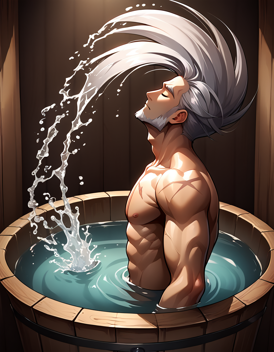score_9, score_8_up, score_7_up, source_anime, BREAK
1boy, solo, closed eyes, silver hair, long hair, silver beard, hair swish, floating hair, wet hair, head back, splashing,
topless male, scar on chest, scar on arm, scar on shoulder,
in container, wooden bathtub, barrel,
from side, perspective,<lora:Hair_Swish_Pony:1>