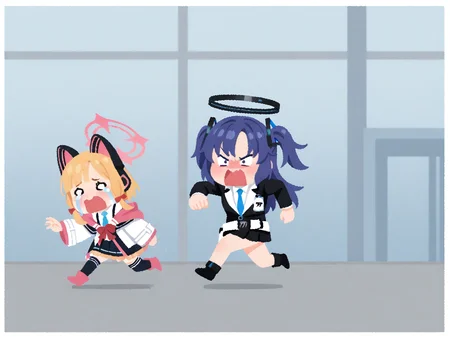 yuuka \(blue archive\), running,
BREAK
escape,momoi \(blue archive\), panicking, crying,
<lora:irasutoya:1.3> no_lineart,