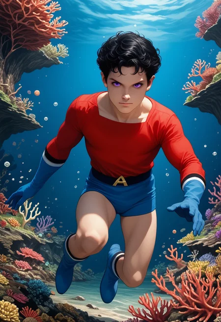 score_9, score_8_up, score_7_up, 1boy, solo, cute boy, Aqualad, Black Hair, Purple eyes, Red Scale Shirt, Blue Gloves, Blue Boots, Blue Speedo, Blue Shorts, Male Swimwear, floating underwater, fully submerged, coral reef, PONYXL_AlexRoss_ComicArt_ownwaifu