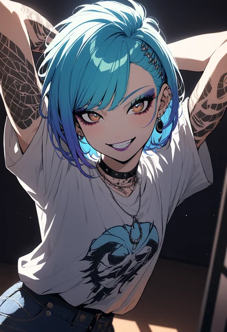 1girl, Holo-Punk Style, aqua hair, arm tattoo, glittery blue hair, brown eyes, earrings, eyelashes, grin, indoors, jewelry, lips, makeup, necklace,  shirt, short hair, short sleeves, smile, solo, t-shirt, tattoo, teeth, denim pants, white shirt, faux hawk, punk aesthetic, arms behind head, cinematic angle, foreshortening, dark, dark background, cinematic lighting, masterpiece, best quality , <lora:HoloPunkXL:0.8>