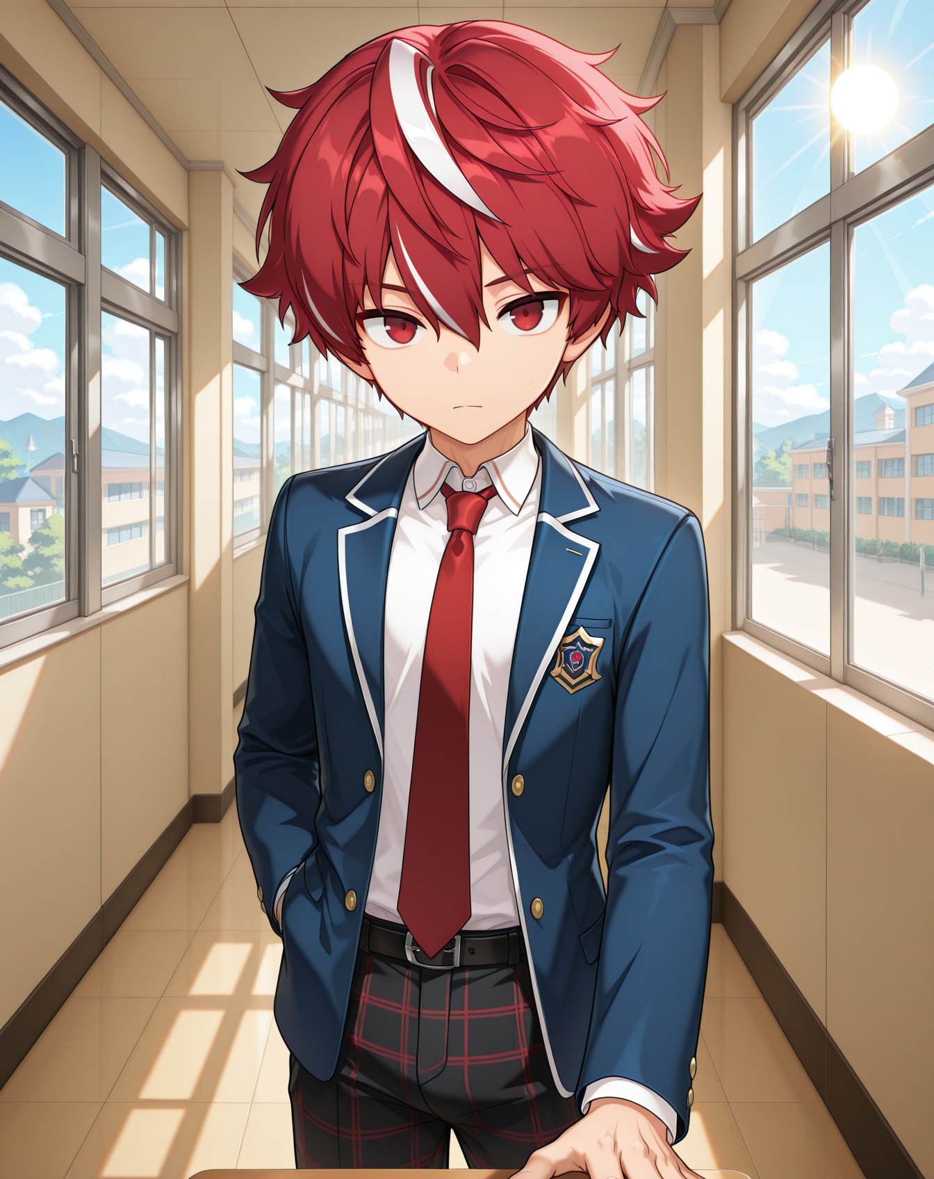 masterpiece,best quality,amazing quality, newest, very aesthetic, absurdres,
1boy, solo, yaoi, male focus, looking at viewer, cowboy shot,
 <lora:Elsword_Sacred_Templar_ilxl:1> elswordst, red hair, red eyes, white hair, streaked hair,
school uniform, white shirt, collared shirt, blue jacket, red necktie, black pants, plaid pants,
indoors, school, hallway, window, day, sun,