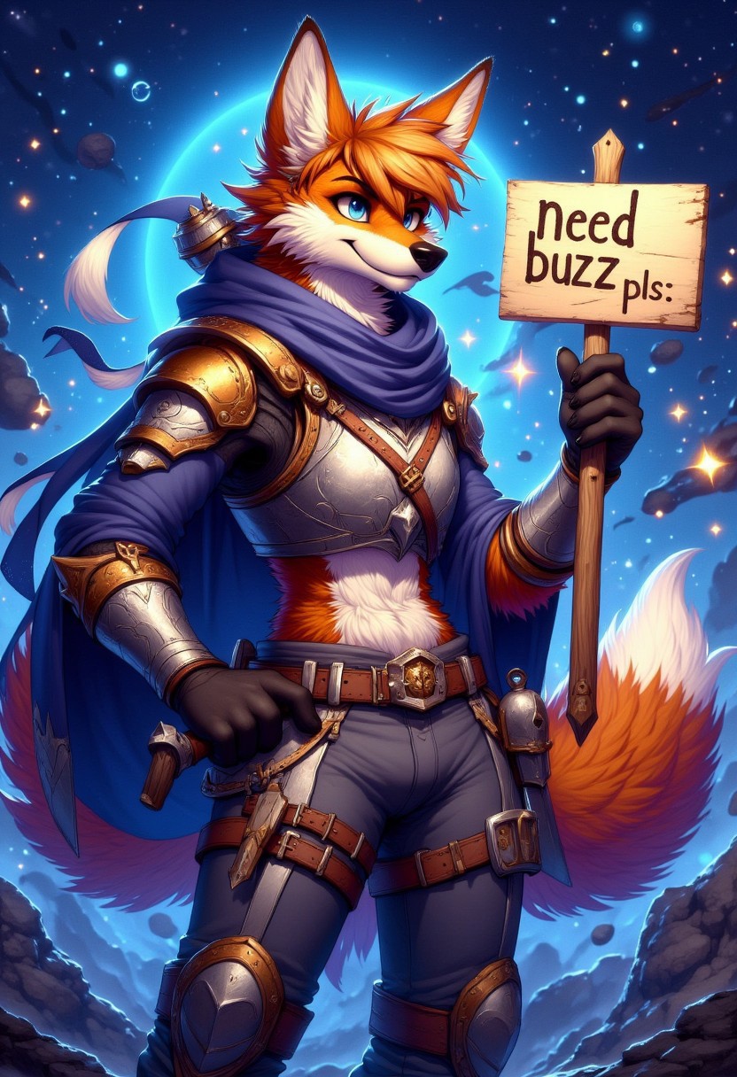 (Fox McCloud), furry, male, spaceship, galaxy, cropped uniform, cute midriff, pants, tilting hips, holding sign "need buzz pls"