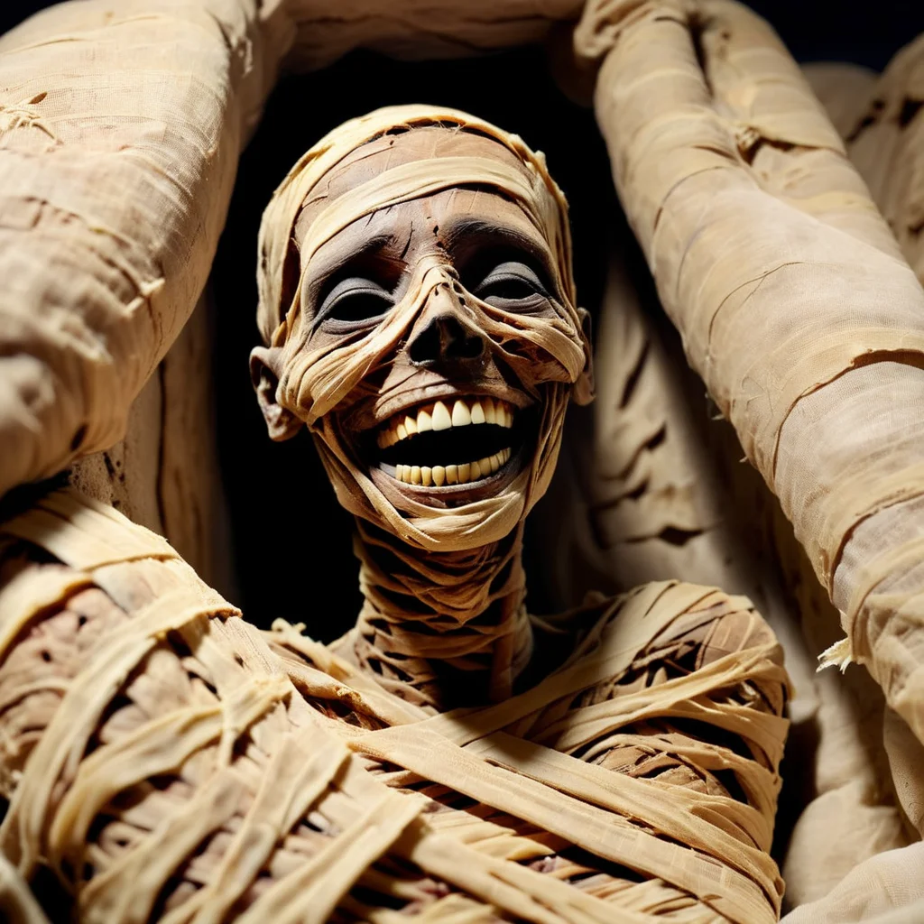 <lora:SDXL_mummy_Sa_May:1> mummy, a desiccated mummy, nice, happy, smile