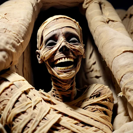 <lora:SDXL_mummy_Sa_May:1> mummy, a desiccated mummy, nice, happy, smile