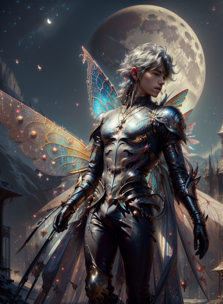 ((masterpiece)), ((best quality:1.2)), High Resolution, 8k, (ultra_realistic:1.3), (photorealistic:1.4),  sharp focus, 1 young man, 22 years old, young, male focus, dynamic pose, (he is a fairy:1.5),  full body, head to toe, huge fairy wings, silver colored hair, curly hair, EYESHD, necklace, leather  loin cloth, slim body, defined body, thin waist, wearing leather armor,  expansive background, it is early evening and the sun has just set, the is a Crecent moon in the night sky hi-res, he is  standing in front of a Albrecht lab futuristic fantasy tower, (Masterpiece, high quality:1.3), <lora:more_details:0.5>, <lora:wrenchftmfshn>,<lora:add-detail-xl:0.8>,<lora:Eyes_High_Definition-000007>, <lora:albrecht_labs:1> ,<lora:DonMF41ryW1ng5:1>