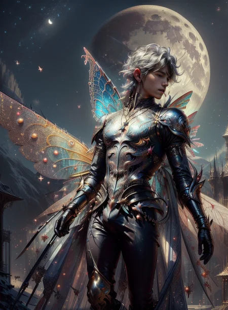 ((masterpiece)), ((best quality:1.2)), High Resolution, 8k, (ultra_realistic:1.3), (photorealistic:1.4), sharp focus, 1 young man, 22 years old, young, male focus, dynamic pose, (he is a fairy:1.5), full body, head to toe, huge fairy wings, silver colored hair, curly hair, EYESHD, necklace, leather loin cloth, slim body, defined body, thin waist, wearing leather armor, expansive background, it is early evening and the sun has just set, the is a Crecent moon in the night sky hi-res, he is standing in front of a Albrecht lab futuristic fantasy tower, (Masterpiece, high quality:1.3), <lora:more_details:0.5>, <lora:wrenchftmfshn>,<lora:add-detail-xl:0.8>,<lora:Eyes_High_Definition-000007>, <lora:albrecht_labs:1> ,<lora:DonMF41ryW1ng5:1>