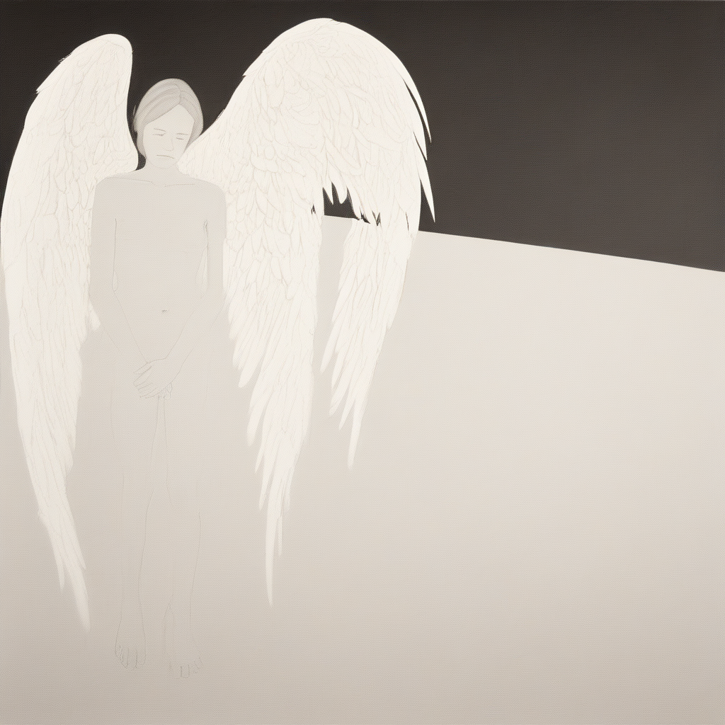 fallen angel, lost paradise, grief, somber, monochrome, by Alex Katz, pop art