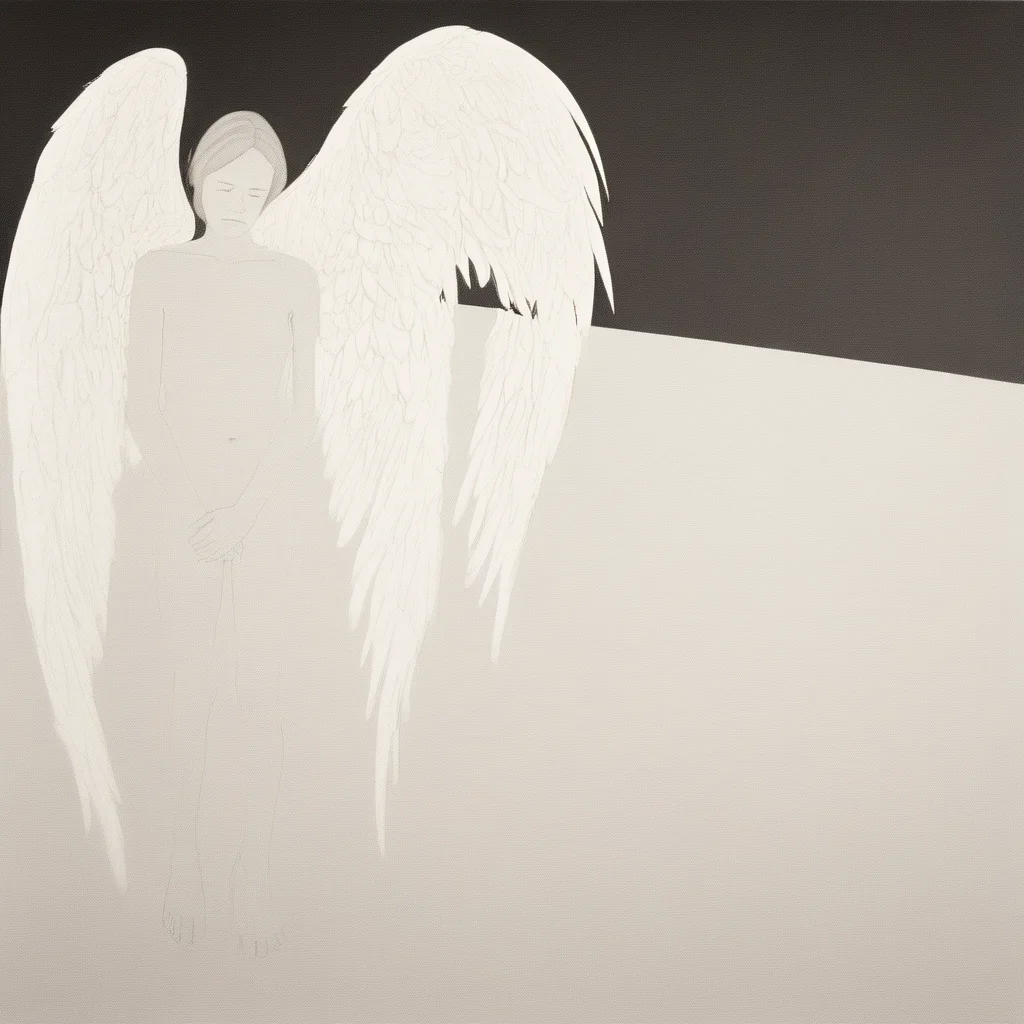 fallen angel, lost paradise, grief, somber, monochrome, by Alex Katz, pop art
