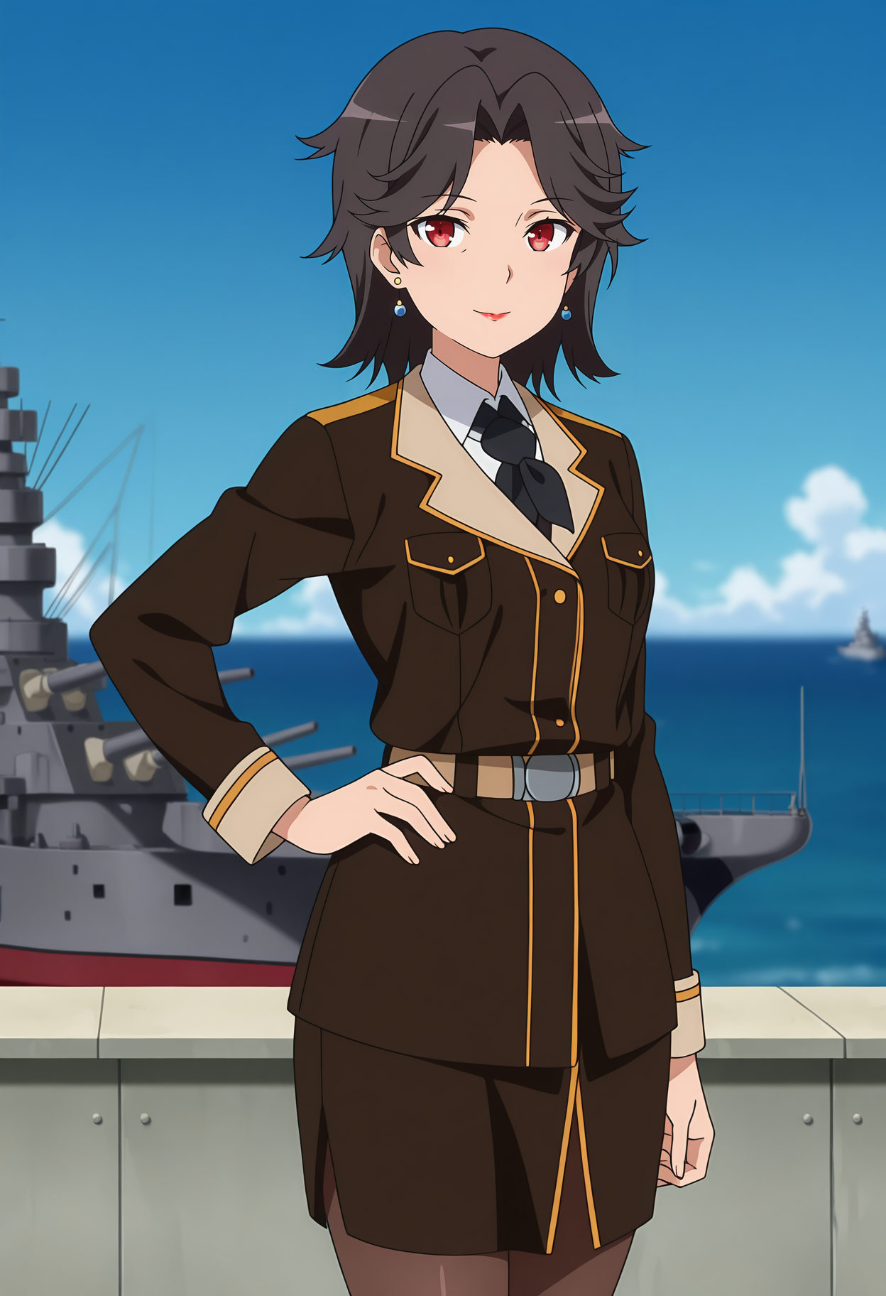 anime screencap, masterpiece, best quality,
<lora:HighSchoolFleet_MunetaniMayuki_IlluXL:0.9>,
1girl, solo, closed mouth, light smile,
parted bangs, short hair, black hair, red eyes, earrings, lipstick,
naval uniform, brown jacket, collared shirt, white shirt, black necktie, long sleeves, breast pocket,
brown belt, pencil skirt, brown skirt, brown pantyhose,
hand on own hip, standing, looking at viewer, cowboy shot, legs,
horizon, dock, outdoors, battleship, warship, blue sky, blurry background