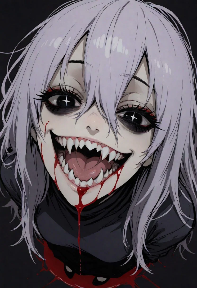 black eyes, bags under eyes,
big eyes, (black eyeshadow:0.8), thick eyelashes,
from side, simple background, dark night background,
looking at viewer, looking down, (wild, crazy smile:1.2), solo, 1girl, full body, perspective, (sharp teeth:1.2), dark red liquid on face, half-closed eyes, + +, dark red eyeliner, pale purple hair,
masterpiece, best quality, amazing quality,
dark messy sketch, messy lineart, unfinished,
(horror \(theme\),:1.2)