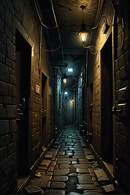 (absurd caricature), A dark, mysterious alleyway, leading to a hidden underground world.