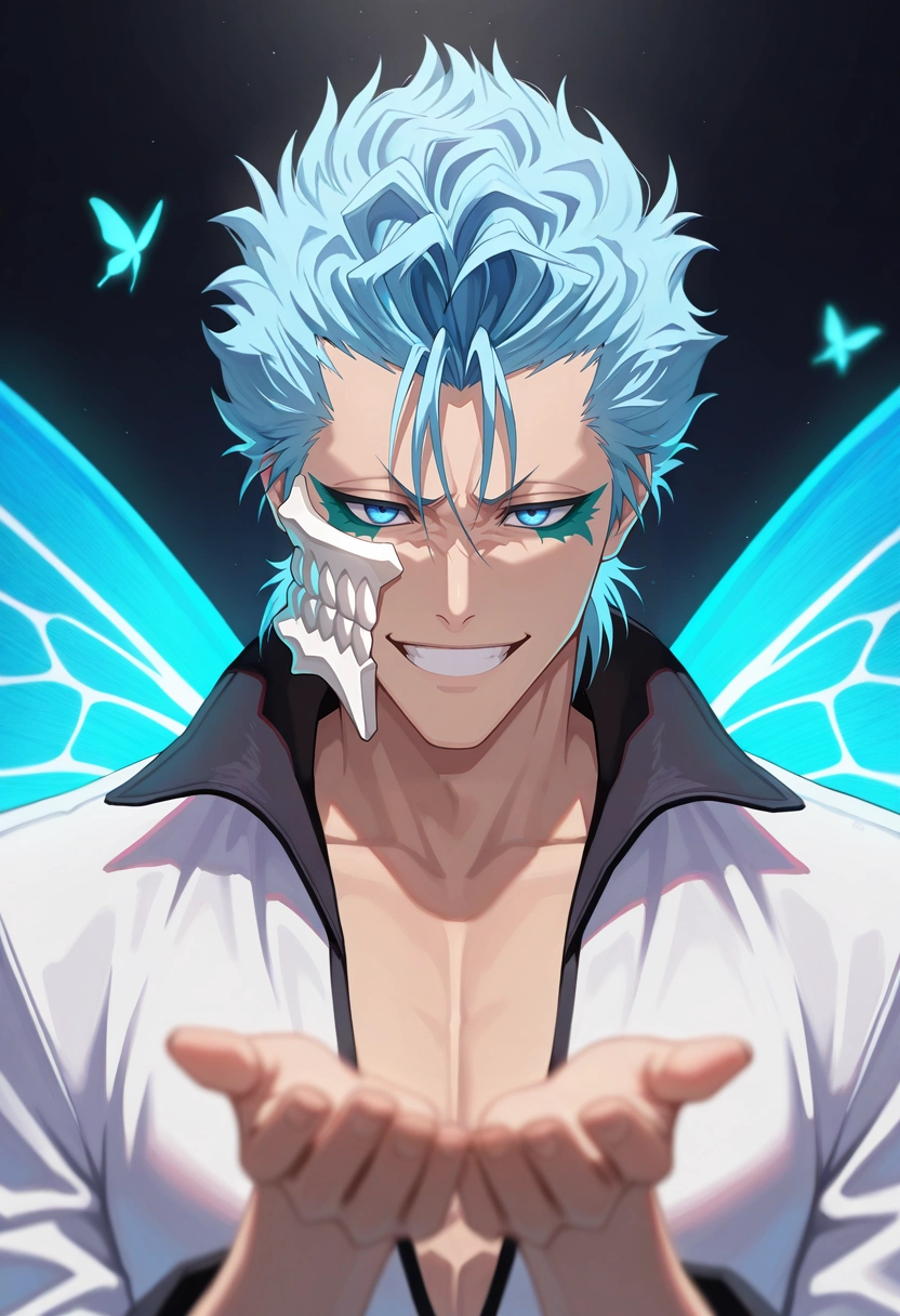 masterpiece, best quality, , (realistic:0.6), , depth of field, 1boy, solo, male focus, <lora:grimmjow_jaegerjaquez_ilxl:0.9>, grimmjow_jaegerjaquez, blue hair, blue eyes, facial mark, arrancar, mask, short hair, fairy market, mushroom stalls, glowing wares, butterfly wings, bargaining pose, delighted expression, magical lighting,