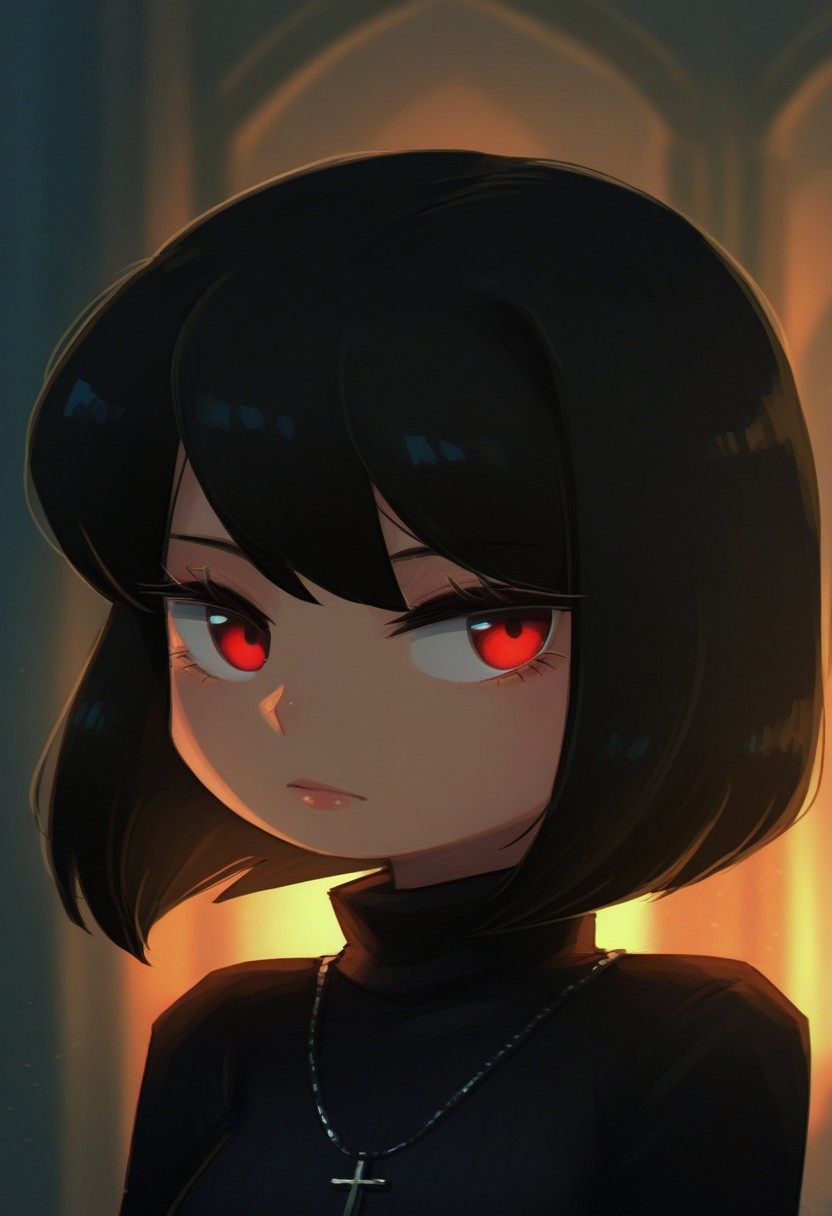 PRFRV Style, atmospheric lighting, 1girl, solo, short hair, black hair, jewelry, looking at viewer, necklace, cross, portrait, bangs, red eyes, closed mouth, turtleneck, blurry background, cross necklace, lips, piercing, blurry, bob cut, eyelashes