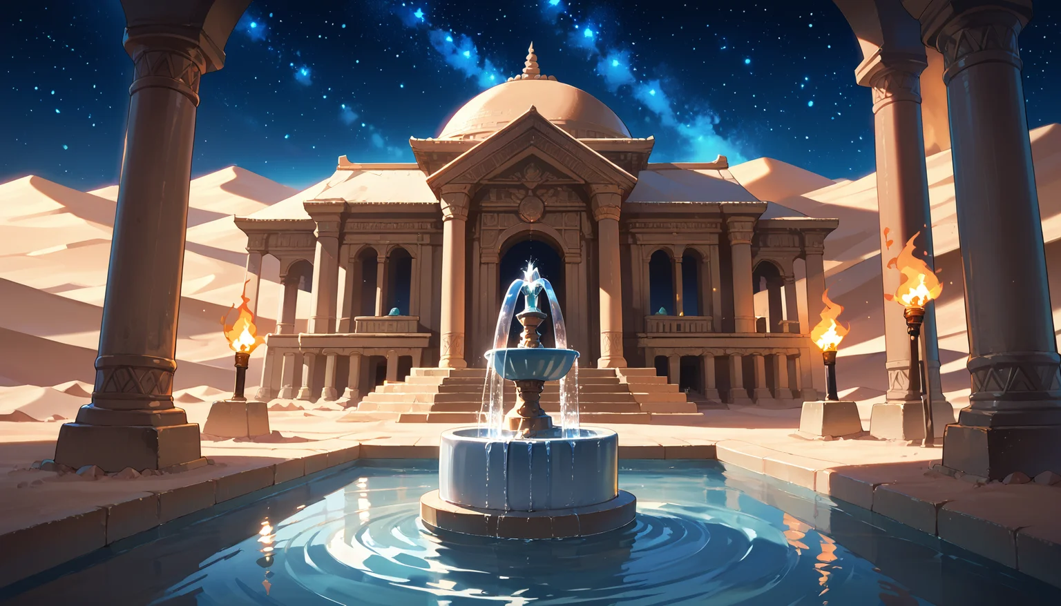 score_9, score_8_up, score_7_up,source_anime, depth of field, lens flare, <lora:Desert_Temple:0.7> destb, scenery, desert, temple, water fountain, torch, night, starry sky,